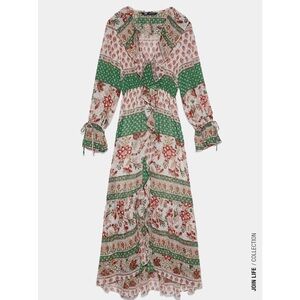 ZARA Boho Printed Ruffled Long Sleeve Midi Dress, Size XS
